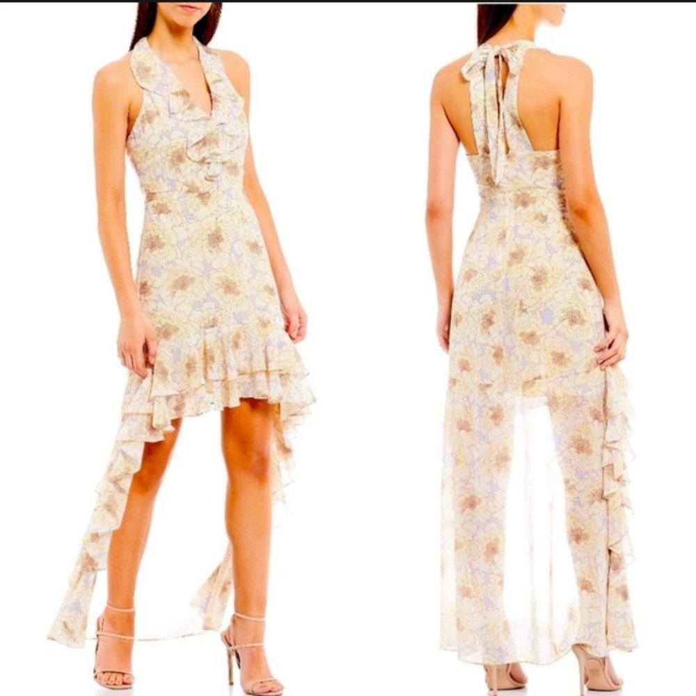 Badgley Mischka Naty Lilac High Low Ruffle Halter Sheer Cocktail Party Dress 10